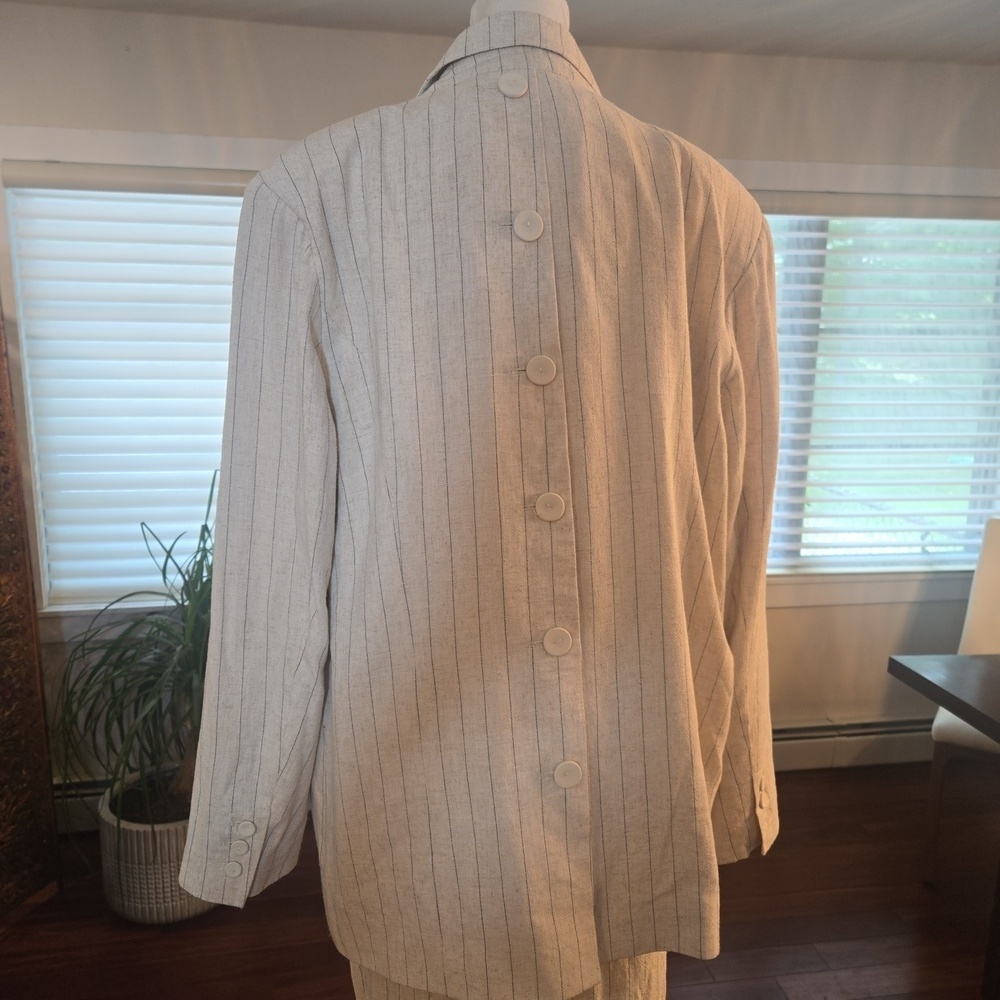 Avec Les Filles Womens Linen Pin Striped Blazer & Trouser Suit Set Beige Small - Picture 6 of 12